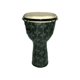 Djembe de 12? construído en fibra. Color gris claro y decorado con motivos abstractos