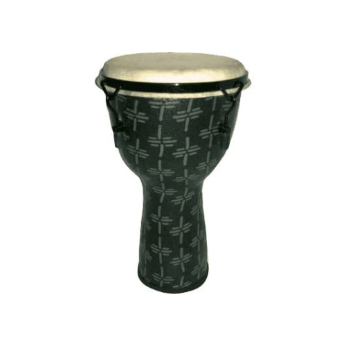Djembe de 12? construído en fibra. Color gris claro y decorado con motivos abstractos