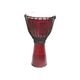 Djembe de 12? construído con PVC. Tono principal rojo. Decorado también con motivos africanos