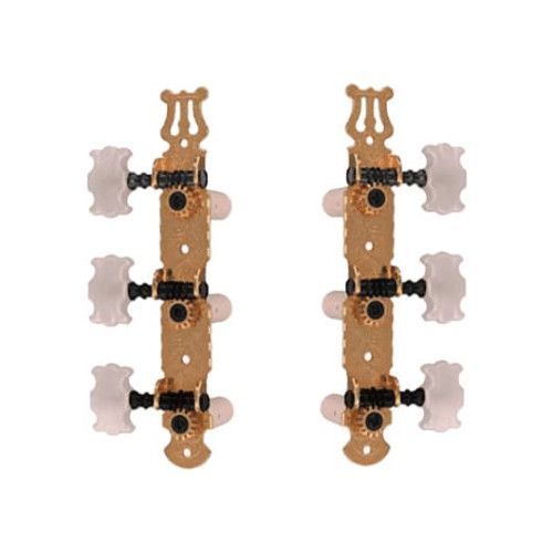 Clavijeros para guitarra clásica en forma de mariposa. Puente metálico en color dorado. Clavijas de