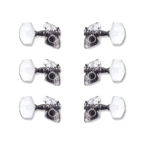 Clavijas para guitarra acústica con botones de plástico y partes metálicas de níquel.