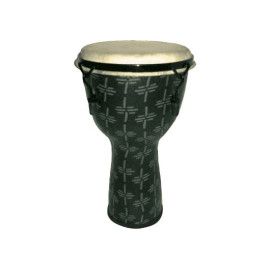 Djembe de 14? construído en fibra. Color gris claro y decorado con motivos abstractos
