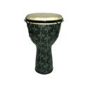 Djembe de 9,5? construído en fibra. Color gris claro y decorado con motivos abstractos