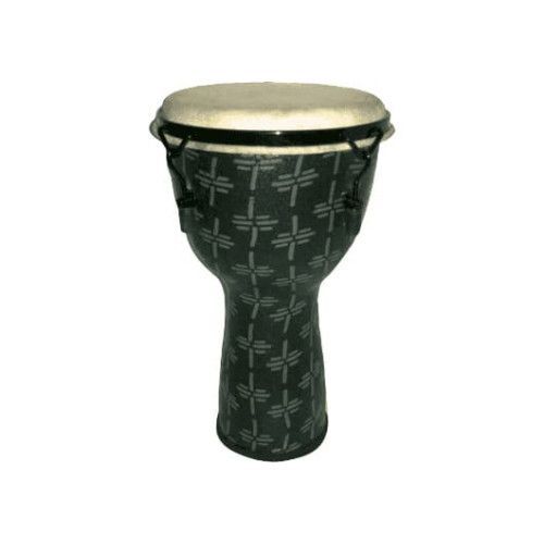 Djembe de 9,5? construído en fibra. Color gris claro y decorado con motivos abstractos