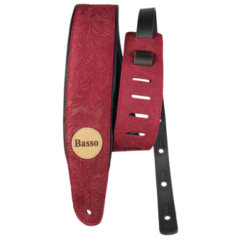 CORREA BASSO PARA GUITARRA Y BAJO SERIE CUERO ROJO FLOREADO